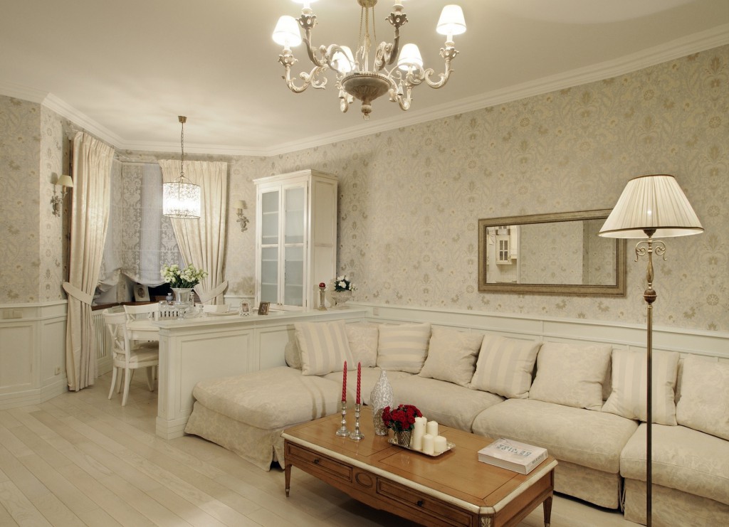 Pengezonan ruang tamu dan ruang makan dalam gaya terang klasik