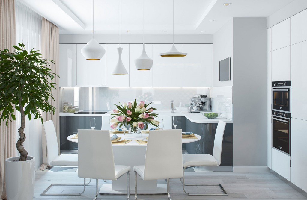 Modern bright kitchen with pastel curtains