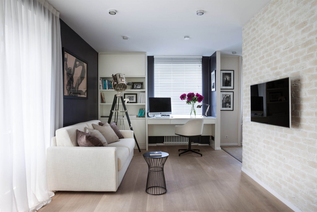 Brown parquet in black and white interior