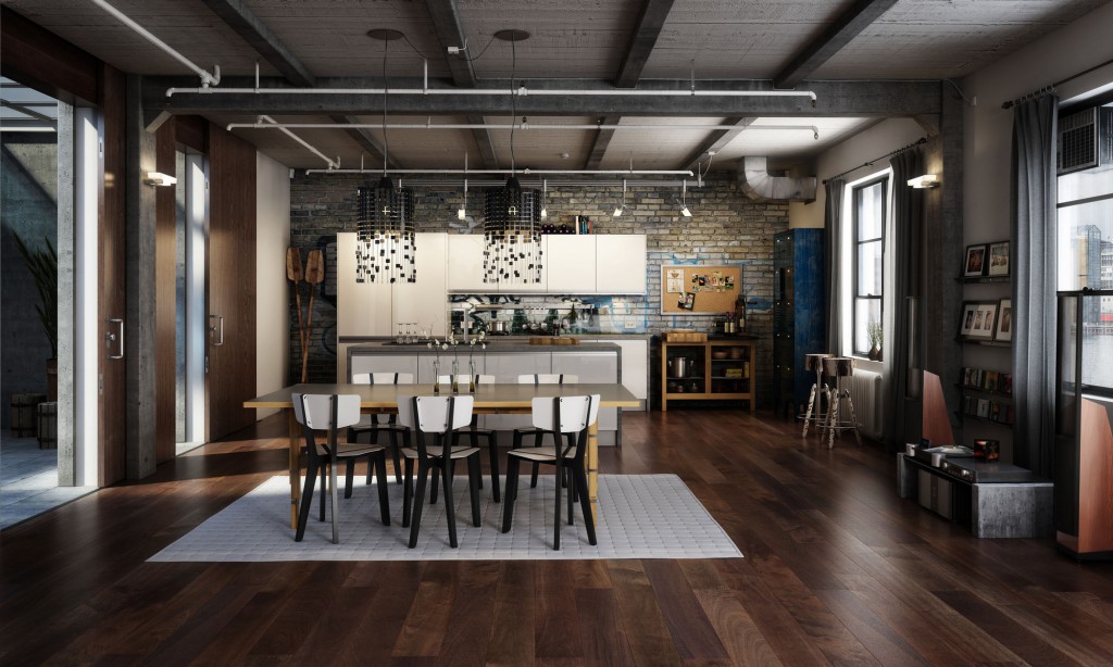 Dining area and loft style kitchen