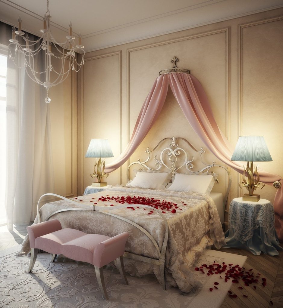 Kanopi merah jambu di bilik tidur pengantin baru