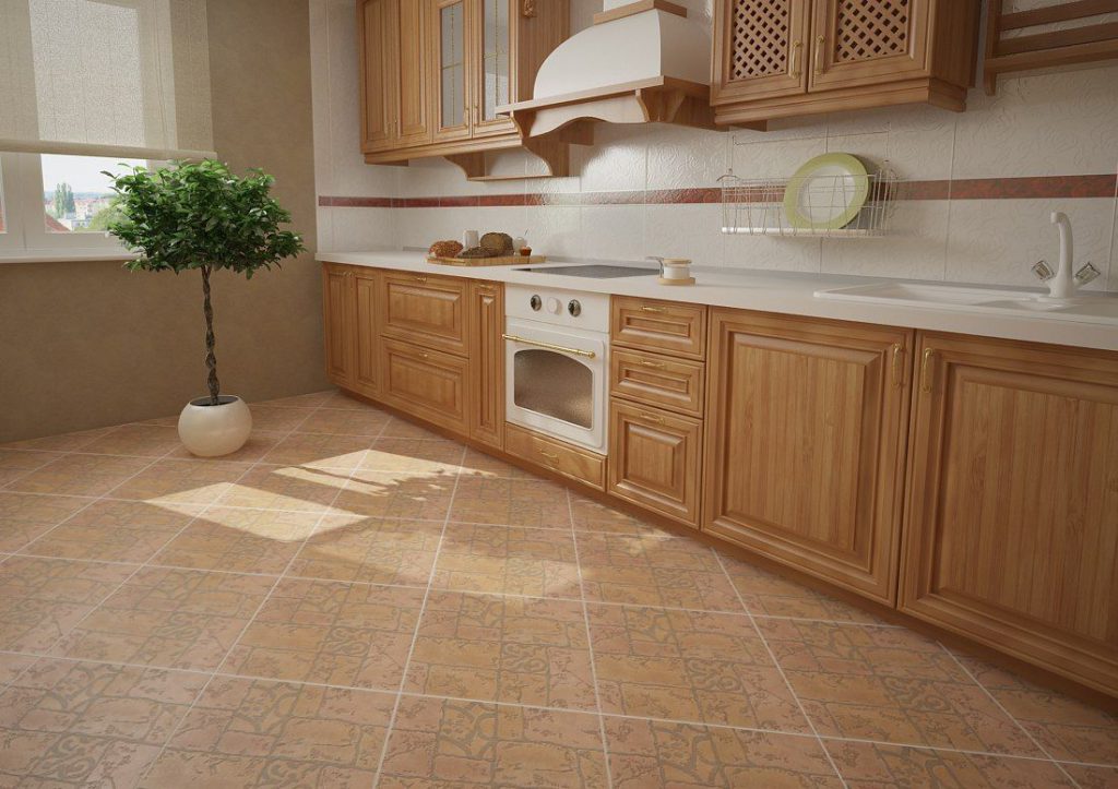 Beige tiles in the kitchen under the paving slabs