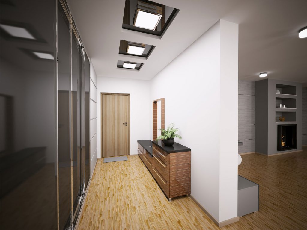 Black, white and brown colors in the interior of the hallway