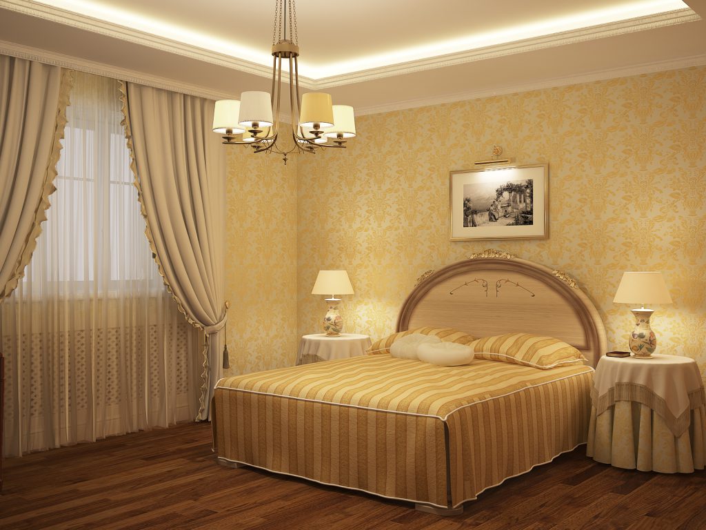 Kertas dinding emas dengan corak bilik tidur dalam gaya neoklasik