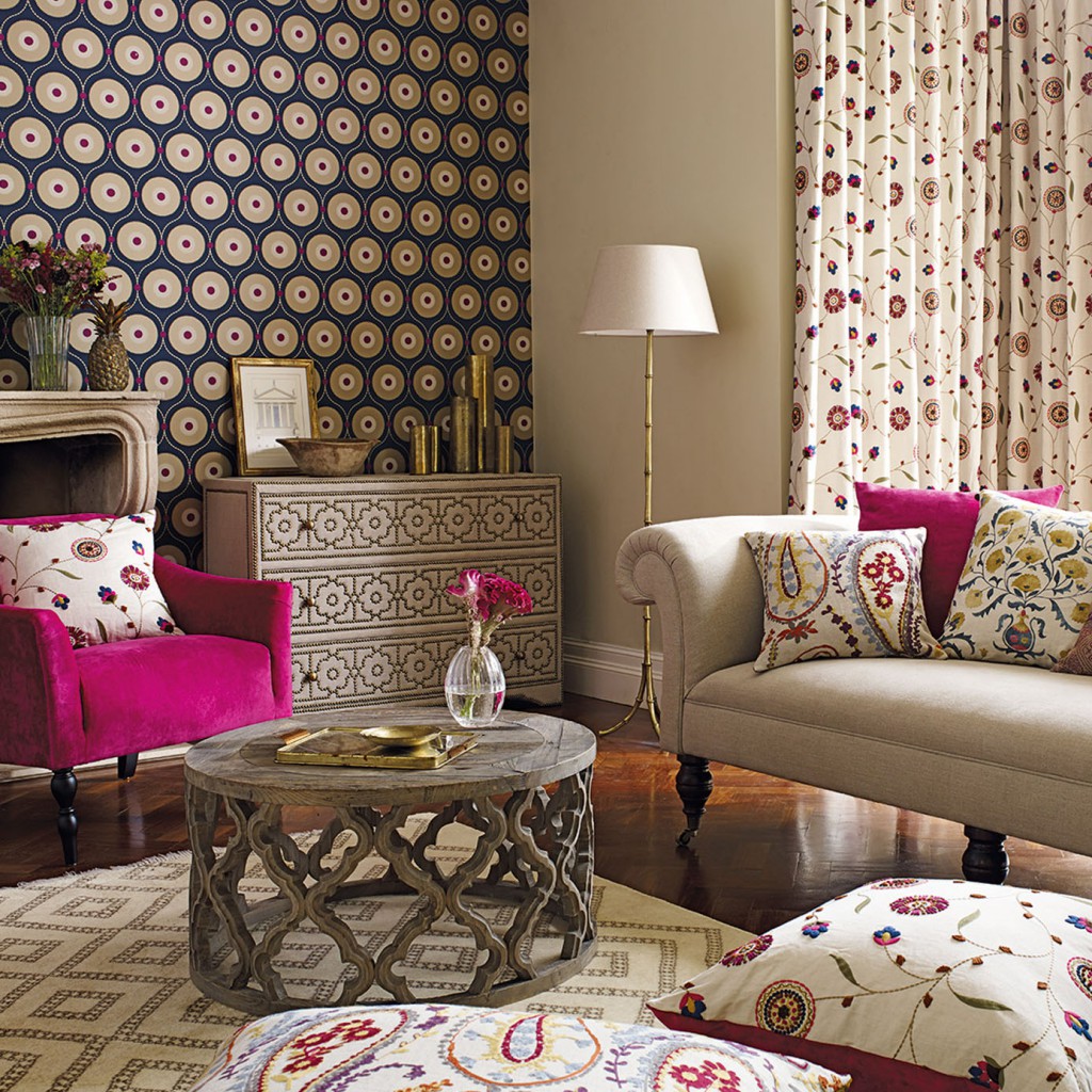 Boho style living room with wooden carved table