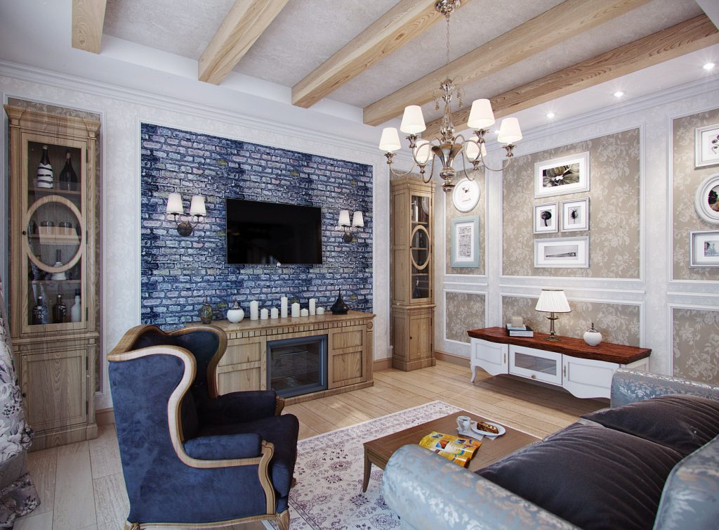 Candles, wall lights and a chandelier in the living room in Provence style