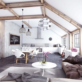 Дървени греди на бял таван