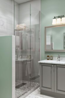 Мента, бели и сиви цветове в банята