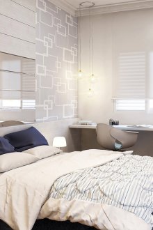 Bilik tidur putih dan kelabu dengan tempat kerja