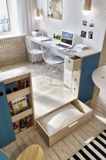 Reka bentuk asal bilik tidur, kajian dan ruang tamu dalam satu ruang