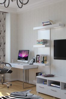 Ruang tamu putih dengan tempat kerja