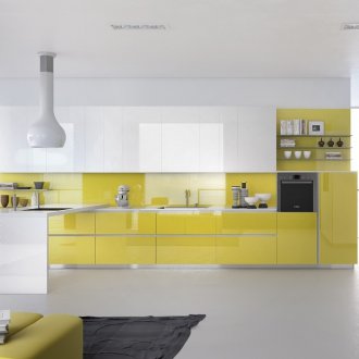 White and yellow kitchen with black accents in the interior