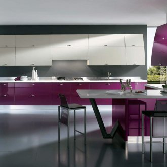 Fuchsia, white and gray colors in the interior of the kitchen in the style of minimalism