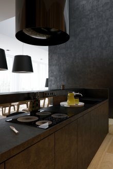 Beige and black kitchen in the style of minimalism.