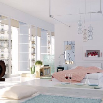 Спалня в бяло и синьо модерно