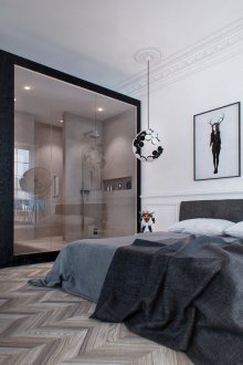 Minimalist bedroom with shower