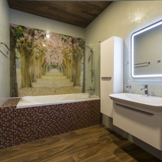 Photo printing on tiles and mirror lighting in the bathroom in modern style