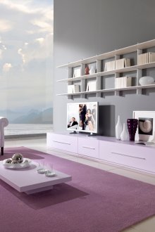 Бежови, розови и сиви цветове в хола в минималистичен стил.