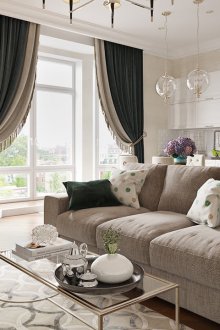 Combined living room-kitchen in the neoclassical style in the apartment
