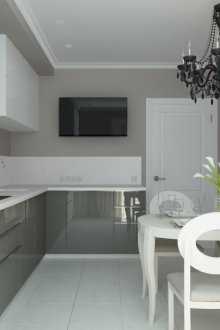 Small kitchen in a neoclassical style apartment