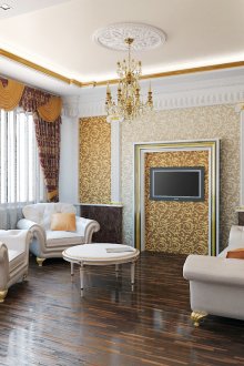 Бели, златисти и кафяви цветове в хола в класически стил