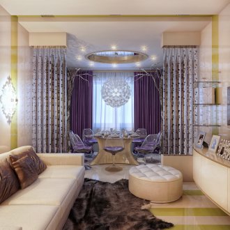 Модерна всекидневна-кухня в бежови и люлякови цветове