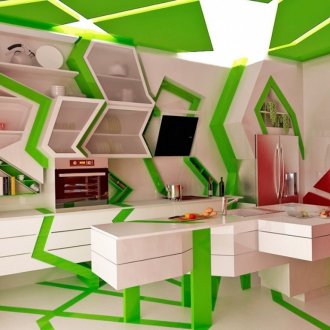 Бели, зелени и червени цветове в интериора на кухнята в стила на кич.