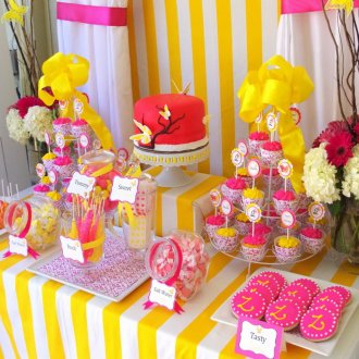 Декориране на детска маса за рожден ден в жълти и розови цветове