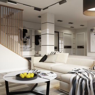 Черно-бели стени в дневната в модерен стил