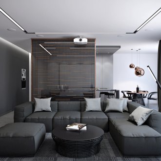 Schwarz-graues Interieur im Stil des Konstruktivismus