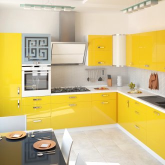 Жълто-бял ъгъл в интериора на кухнята