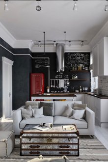 Черна и бяла всекидневна-кухня в скандинавски стил