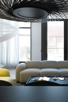 Жълто кресло в черно-бяла всекидневна