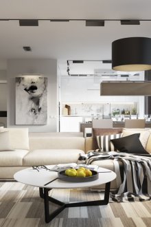 Черно-бяла всекидневна-кухня с крем акценти