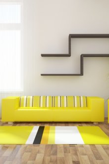 Бели, черни и жълти цветове в интериора на хола