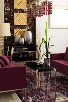 Бургундски, бял и златист цвят в интериора на хола