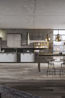 Gray and yellow loft style kitchen