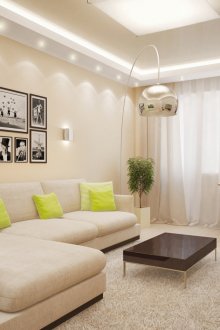 Уютна бежова всекидневна в стила на минимализма.