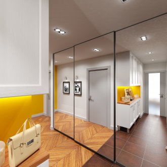 Double and single spot lights in the hallway with a large mirrored cabinet