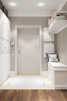 Spotlights in gray and white hallway