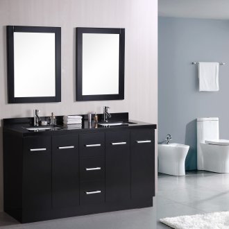 Countertop hitam dengan rak di bilik mandi