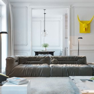 Сив диван в хола с жълт акцент