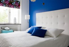 Cozy blue and white bedroom