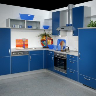 Син декор за сиво-синя кухня