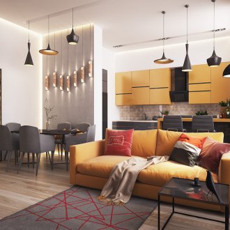 Приглушен жълт цвят в хола