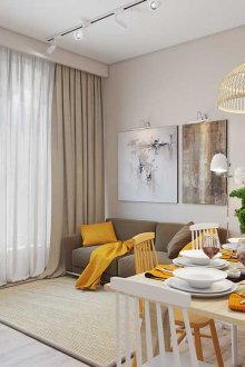 Жълти акценти в интериора на хола-трапезарията