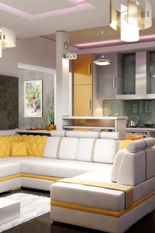 Жълти акценти в уютен хол-кухня