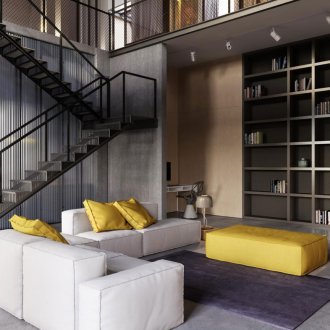 Мебели за хол в бял и жълт лофт