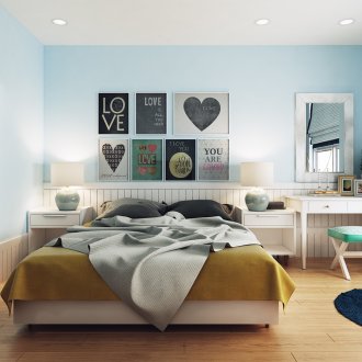 Warna biru, kuning, coklat dan putih di dalam bilik tidur.