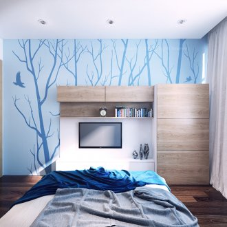 Aksen coklat dan biru di dalam bilik tidur